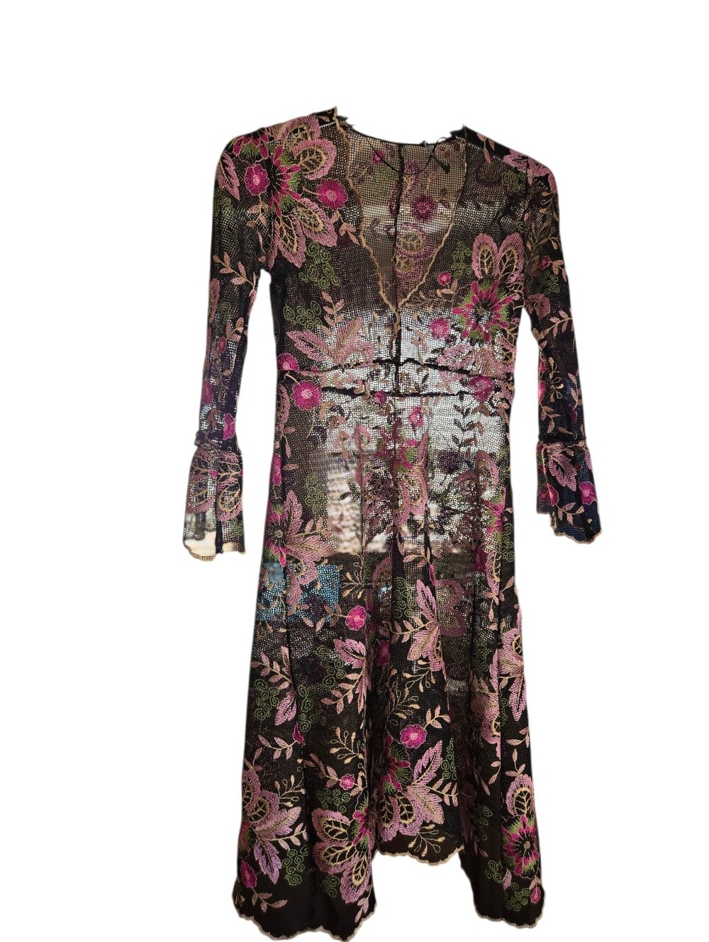 Zara Black Long Sleeve Floral Embroidered Midi Dress with Pink Accents